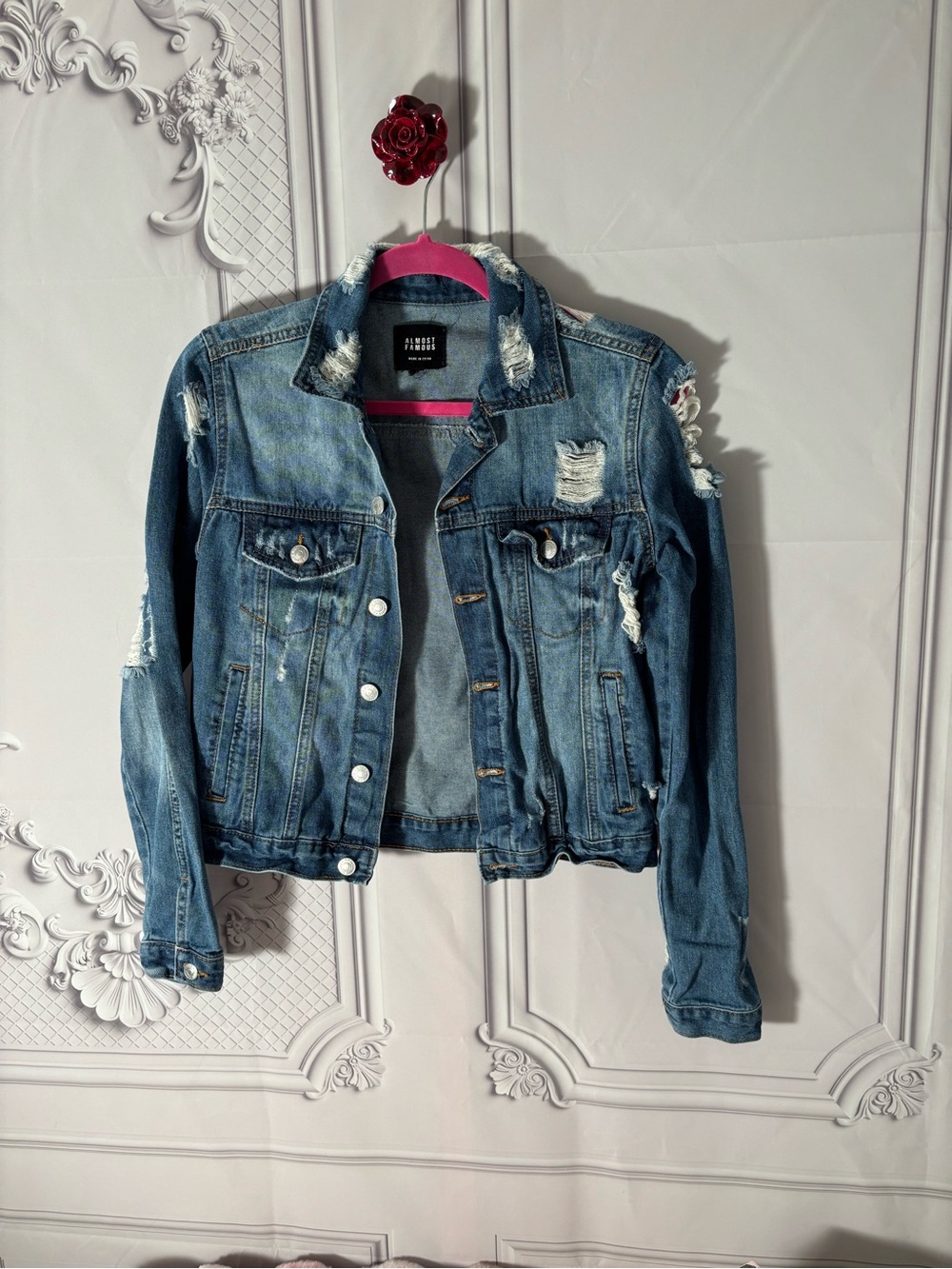 Almost Famous Women’s Distressed Denim Jacket, Size Small